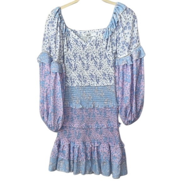 70/21 Floral Tiered Boho Ruffled Hem Mini Dress Size XS In Blue Pink - Picture 3 of 13